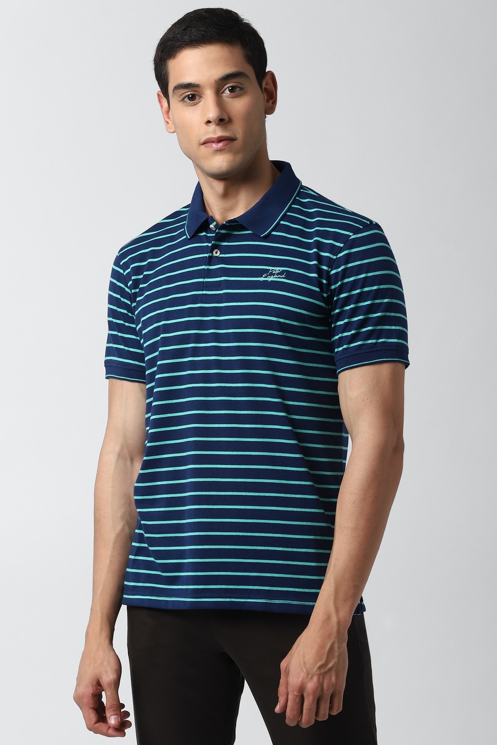Men Navy Stripe Polo Neck Collar T-shirt