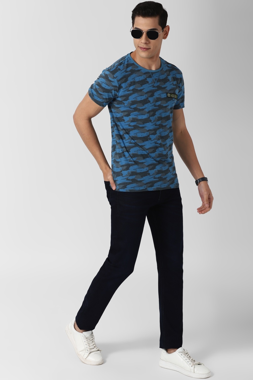 Men Blue Print Round Crew Neck Crew Neck T-shirt