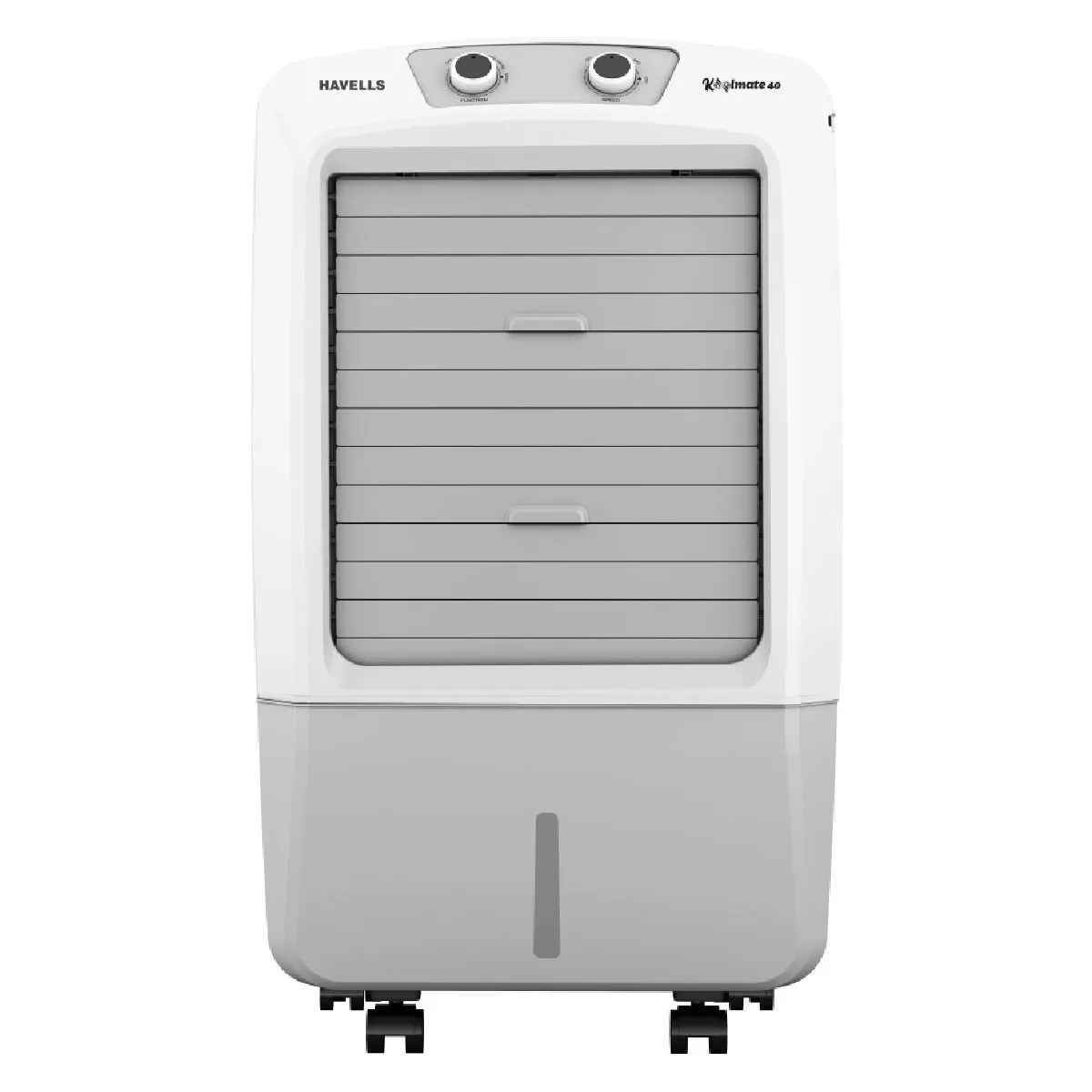 Havells Koolmate 40 L Personal Air Cooler for Home| Powerful Air-Delivery| With Fan & 3 Side Bacteria Shield Honeycomb Pads |Ice Chamber|Fully collapsible louvers|Front wheels with brakes(White Grey)