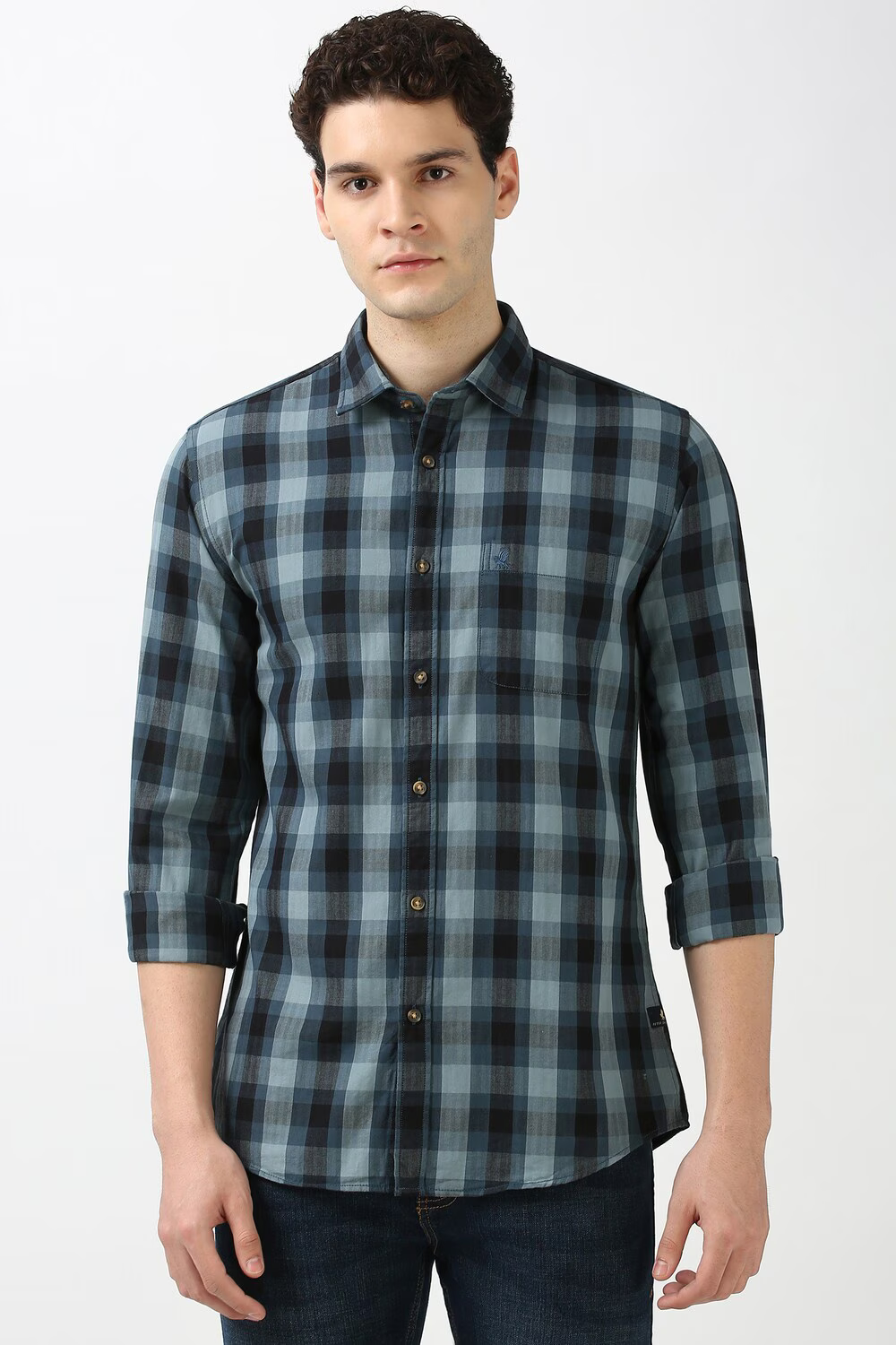 Men Blue Slim Fit Check Full Sleeves Casual Shirt