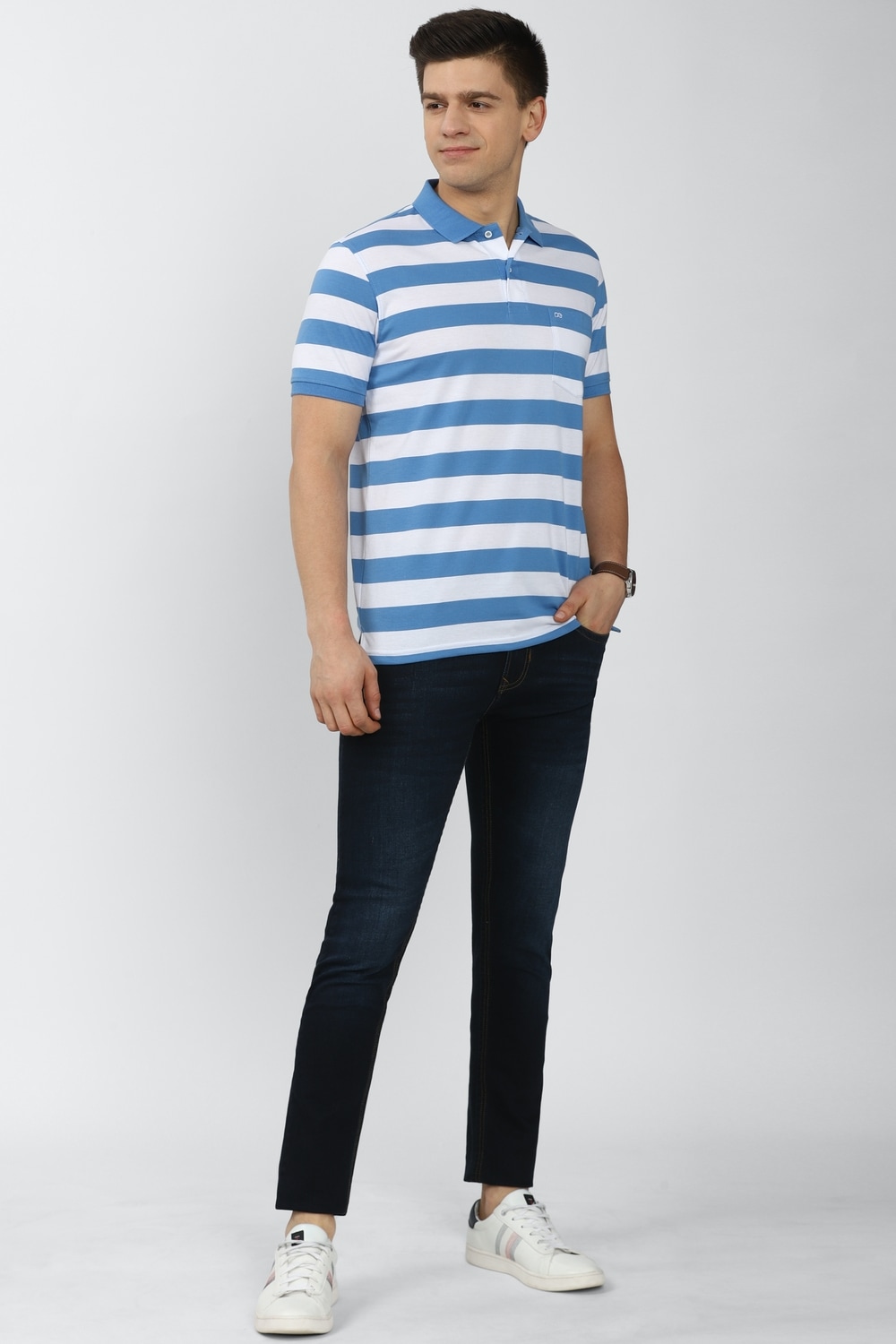 Men Blue Stripe Polo Neck Collar T-shirt