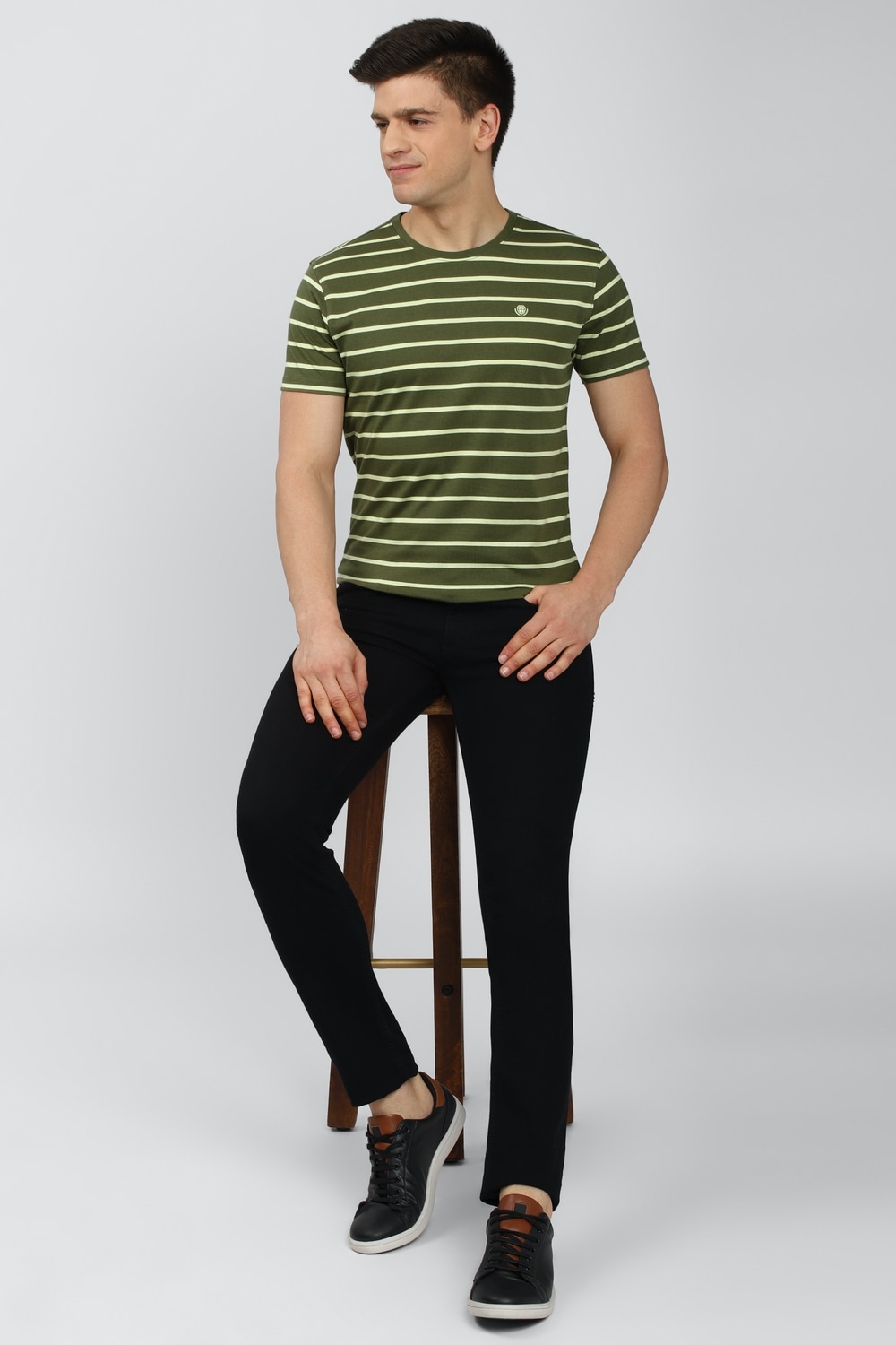 Men Olive Stripe Round Crew Neck Crew Neck T-shirt