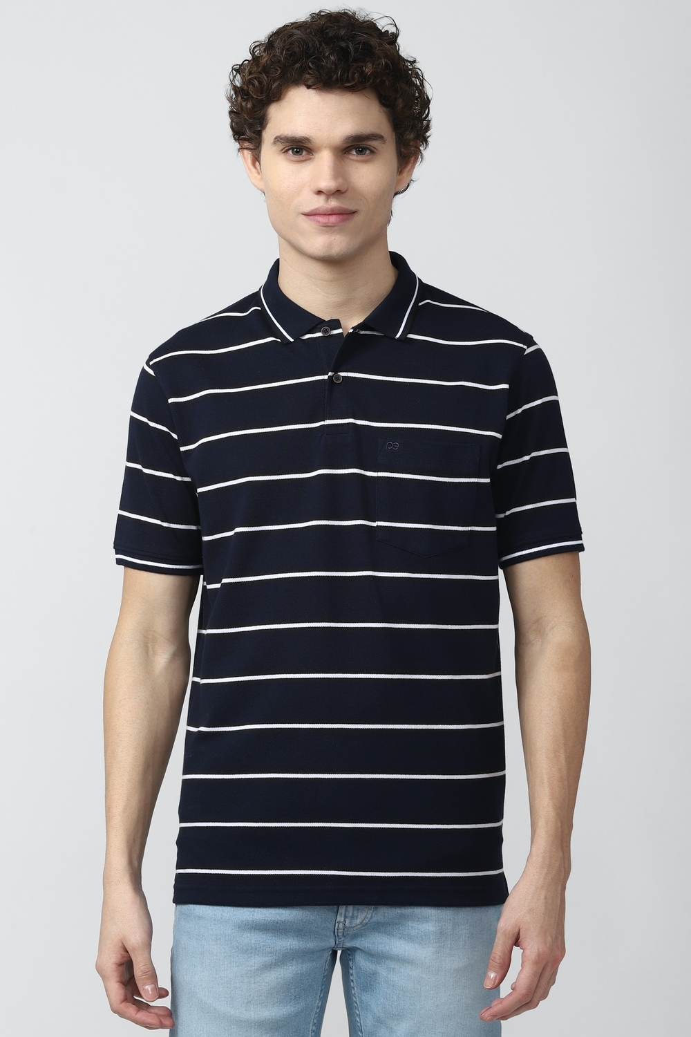 Men Navy Stripe Polo Neck Collar T-shirt