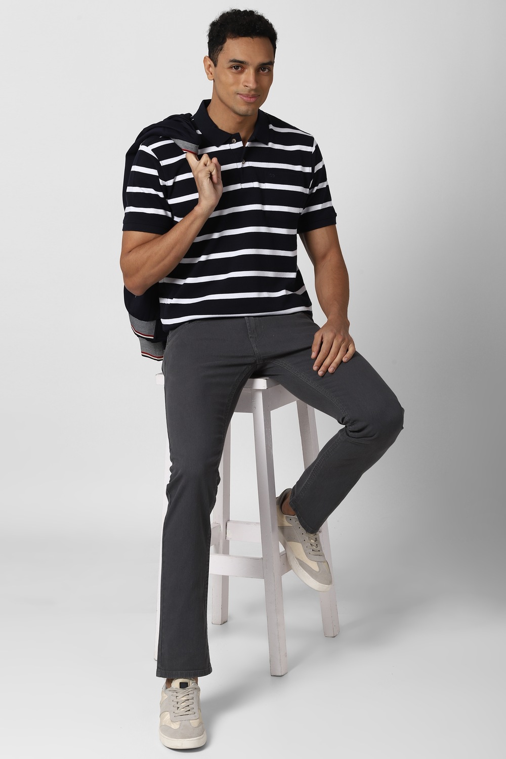 Men Black Stripe Polo Neck Collar T-shirt